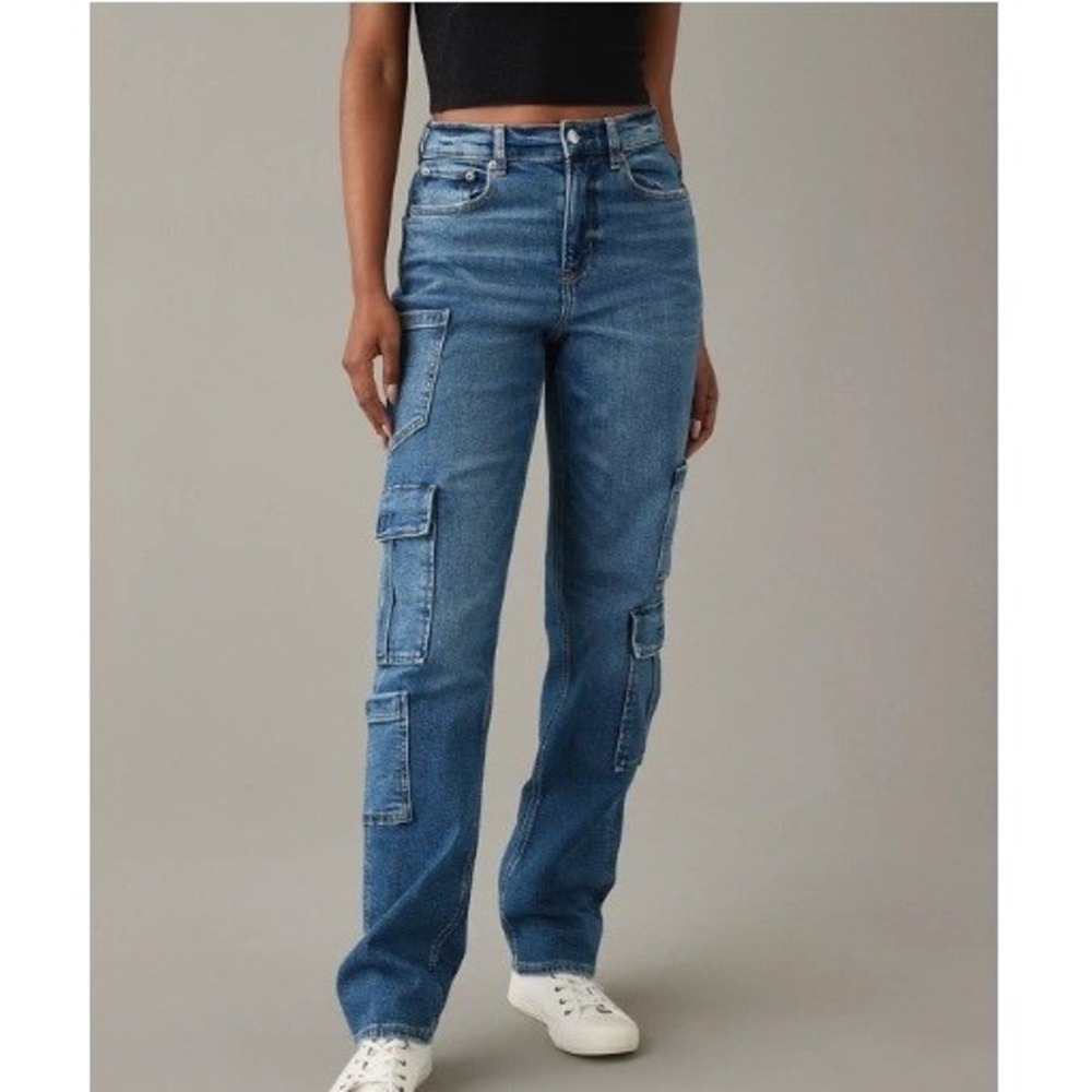 American Eagle Stretch Super High-Waisted Baggy Straight Cargo Jeans 14 EUC